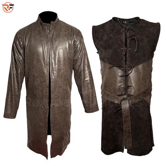 Medieval Leather Duster Coat Suede Vest Set, Fantasy Ranger Cosplay Outfit, Festival Wear