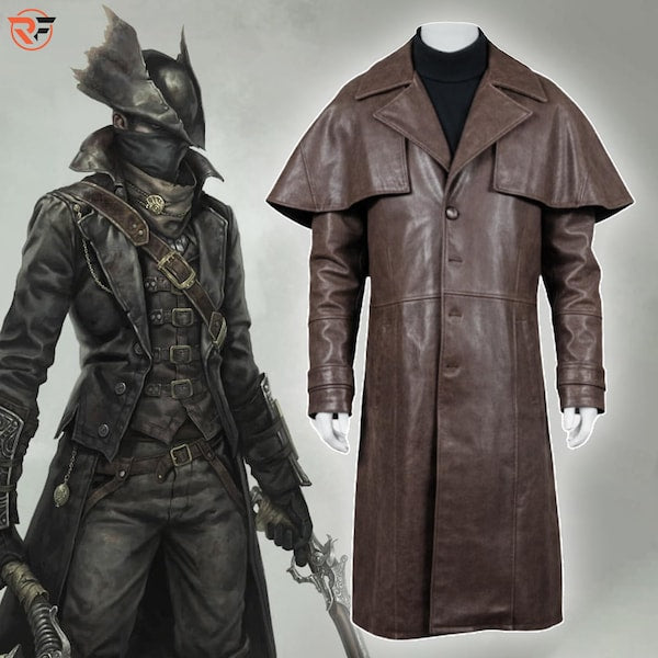 Bloodbornes Hunter Leather Coat: Distressed Gothic Trench, Halloween Cosplay