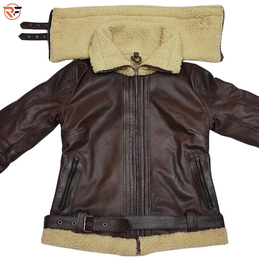 Women's Brown Leather B3 Bomber Aviator Jacket, Real Sheepskin Pilot Coat