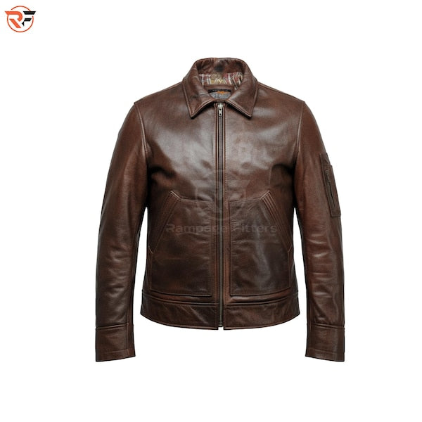 Men's Motorcycle Vintage Distressed Cafe Racer Aviator Brown Leather Biker Jacket
