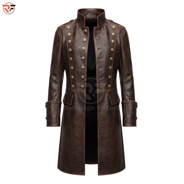 Men's distressed Brown leather Pirate Cosplay Coat, Gothic Military Jacket, Vintage Military Steampunk Style Coat, Brown Pirate Coat