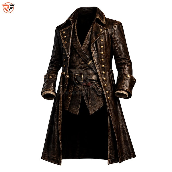 Men's distressed brown leather pirate jacket | medieval long captain coat | vintage brown gothic buccaneer jacket | rugged steampunk outfit